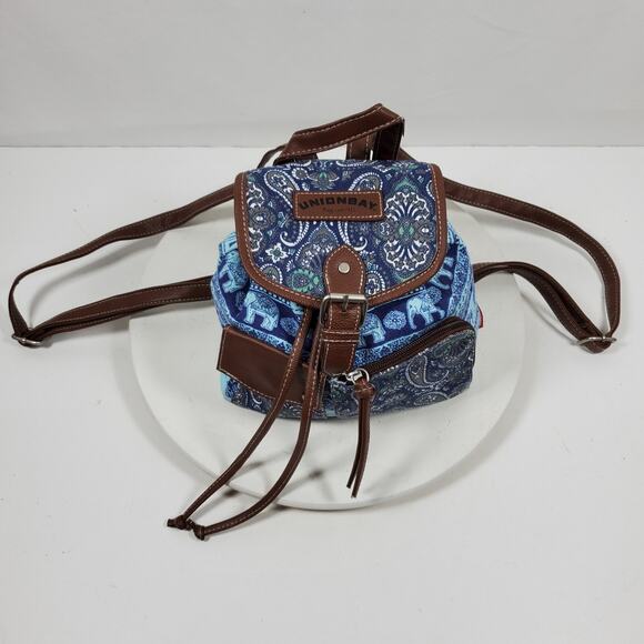 Vintage UnionBay Mini Backpack Canvas Paisley Blue w/ Brown 8x9x4 Inch - Picture 2 of 6